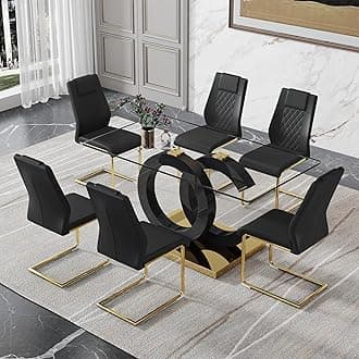 7 Piece Dining Table Set,Glass Dining Table Set for 6,Modern Dining Table and Faux Leather Padded Seats for Kitchens, Living Rooms, Bedrooms (Black&Gold Table-Black Chair-6)