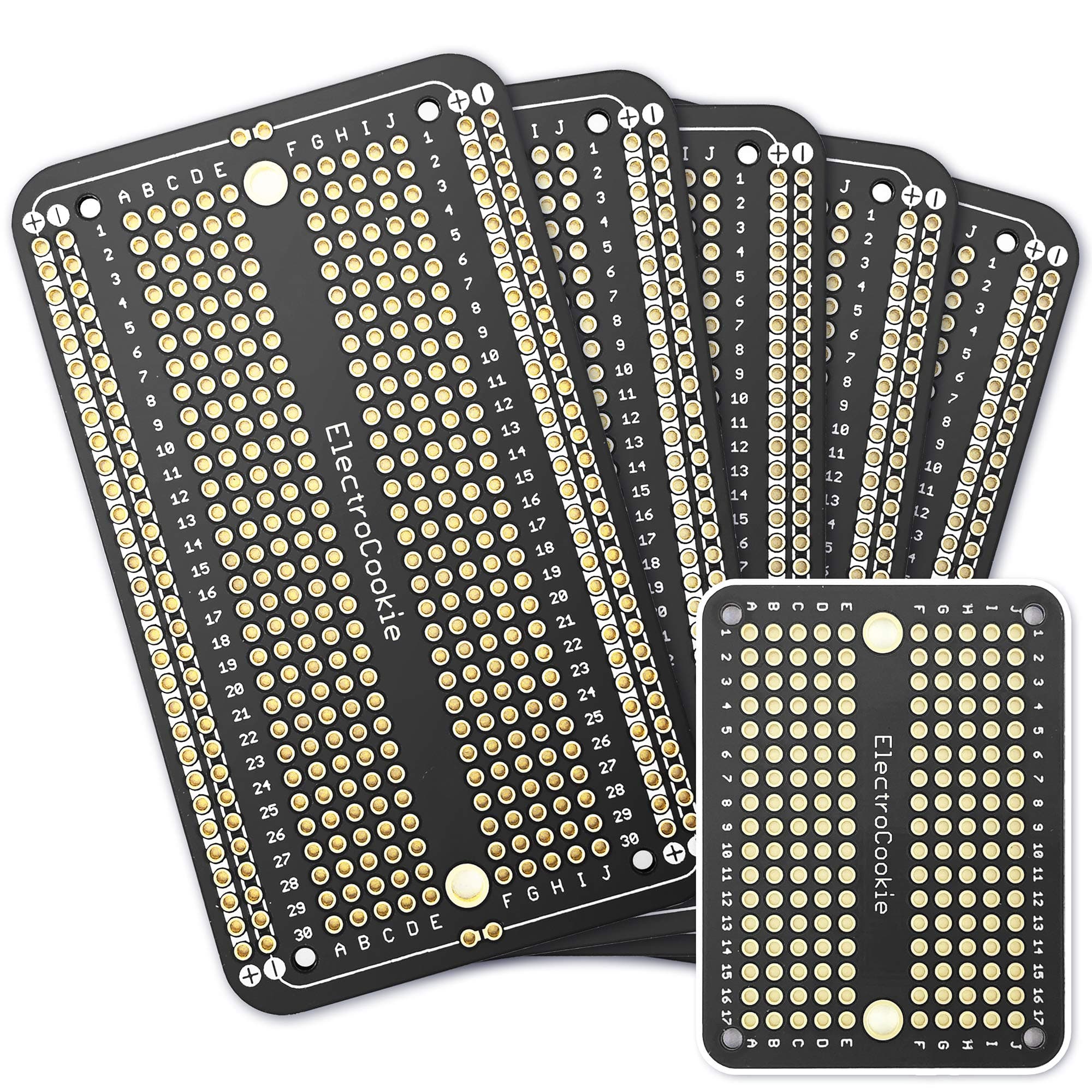 ElectroCookie PCB prototype bread cutting board for Arduino and DIY electronic projects, gold plated (5 packs + 1 mini board, matte black)