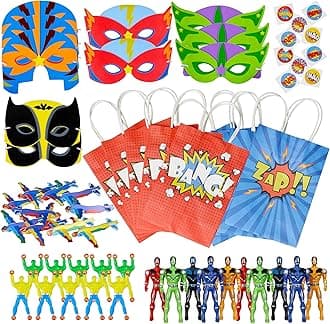 THE TWIDDLERS - 60 Piece Superhero Pre-Filled Party Bags, Hero Themed Gift Toy Loot Bags with Action Figures, Masks, Tattoo Stickers for Kids Birthday